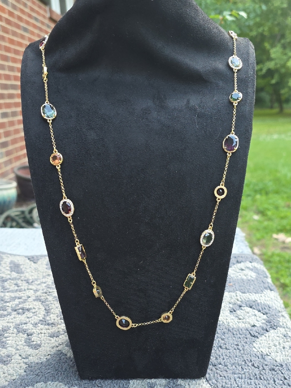 Gold Long Multi-Stone Necklace with Multicolor Gem Accents